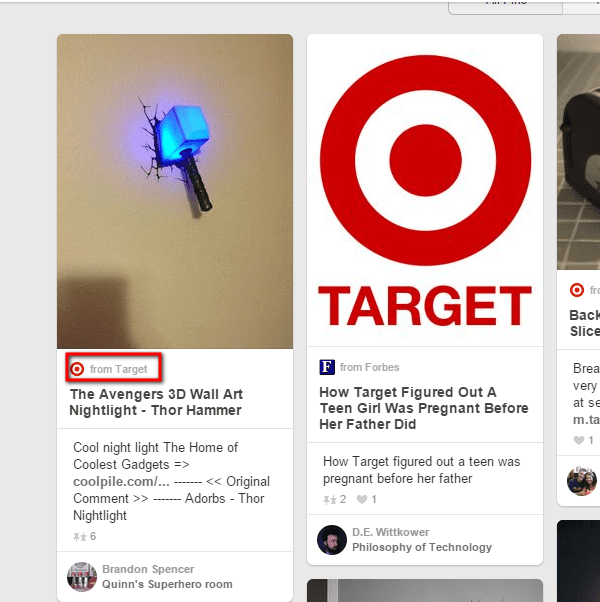 Target includes its site's link in its pins