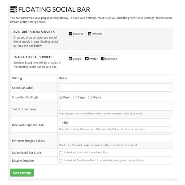 Floating Social Bar Settings