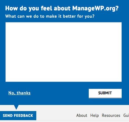 The feedback box on ManageWP