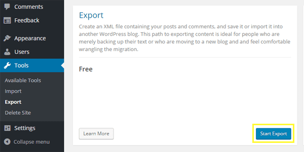 Screenshot of the Start Export button.