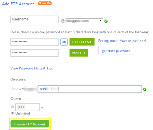 Adding an FTP account through cPanel.