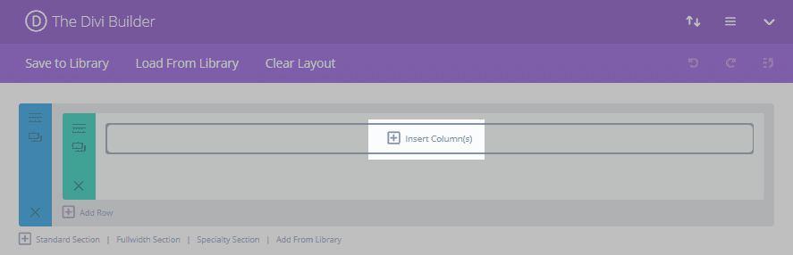 The Divi Builder interface with the Insert Column(s) button highlighted