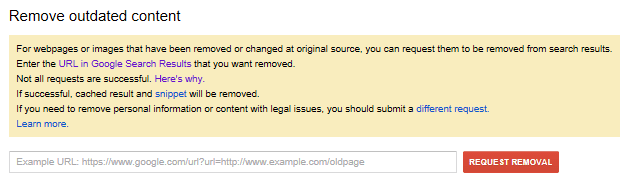 The Google Remove Outdated Content tool interface
