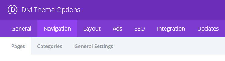 The Divi Theme Option menu with the Navigation tab highlighted