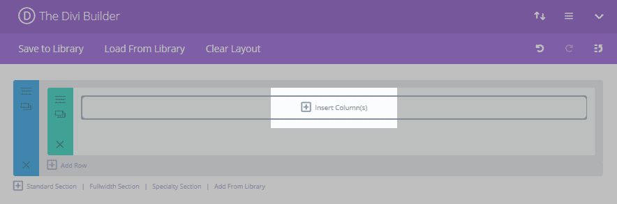 The Divi Builder initial screen with the Insert Column(s) button highlighted
