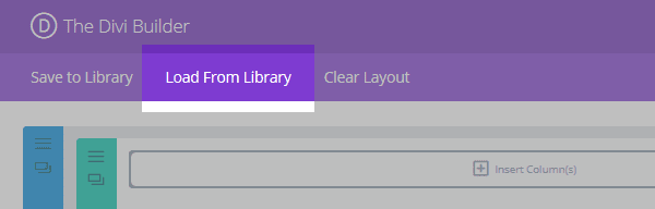 The Divi Builder with the Load From Library button highlighted