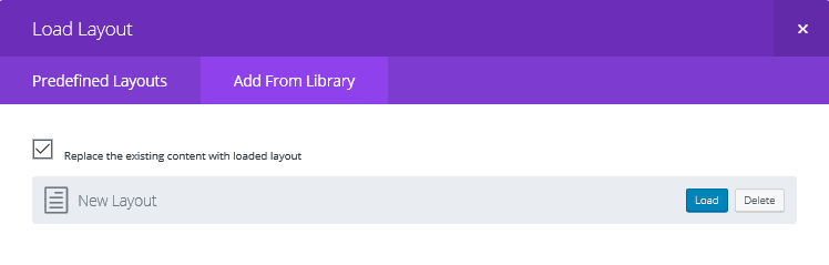 The Add From Library tab in the Load Layout screen