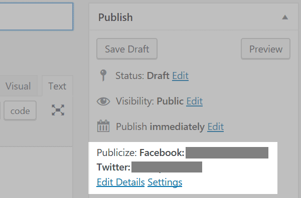 The Publish section of the post editor screen with the Publicize section highlighted