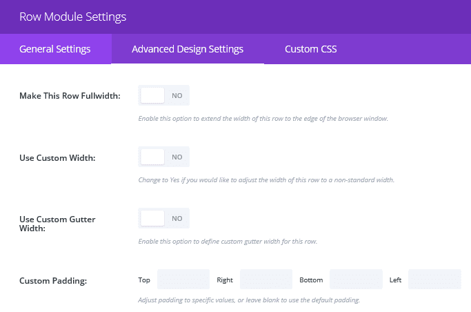 A section of the Row Module Settings screen
