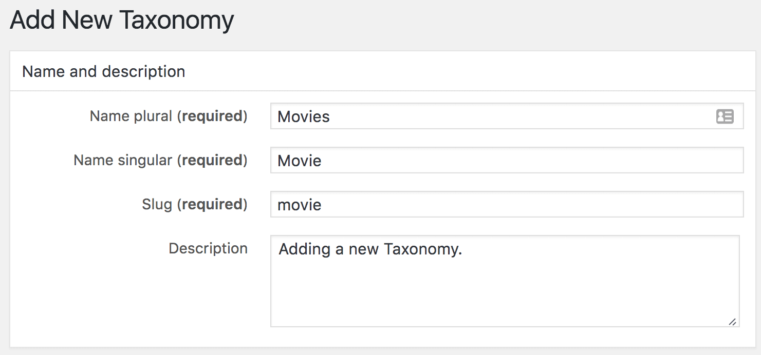 Setting the name and description for your taxonomy.