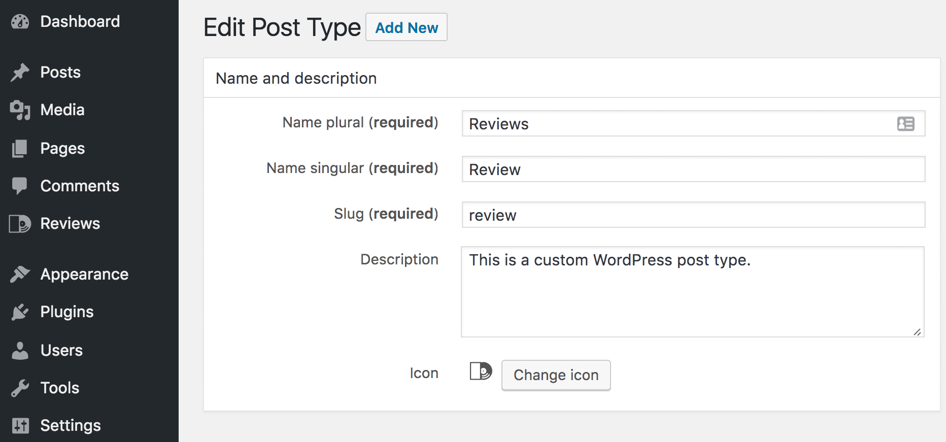 Setting the name and description for your custom post type.