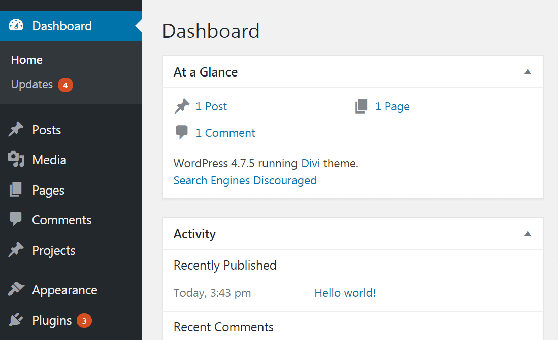 Update notifications in the WordPress back end.