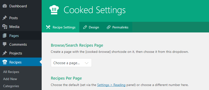 The Cooked plugin's settings.
