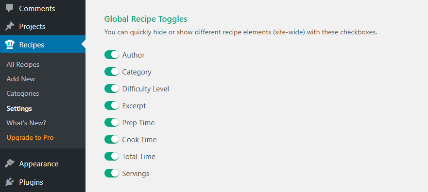 Toggling your recipes' elements.