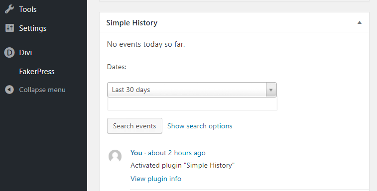 The Simple History widget in action.